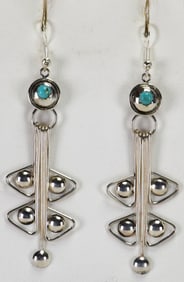 Native American Sterling Silver Free Form Dangle Earrings w/Turquoise accent