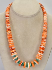 Native American Spiny Oyster and Turquoise Graduating Necklace 20"