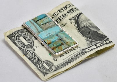 Native American Sterling Turquoise Cobblestone Inlay Money Clip