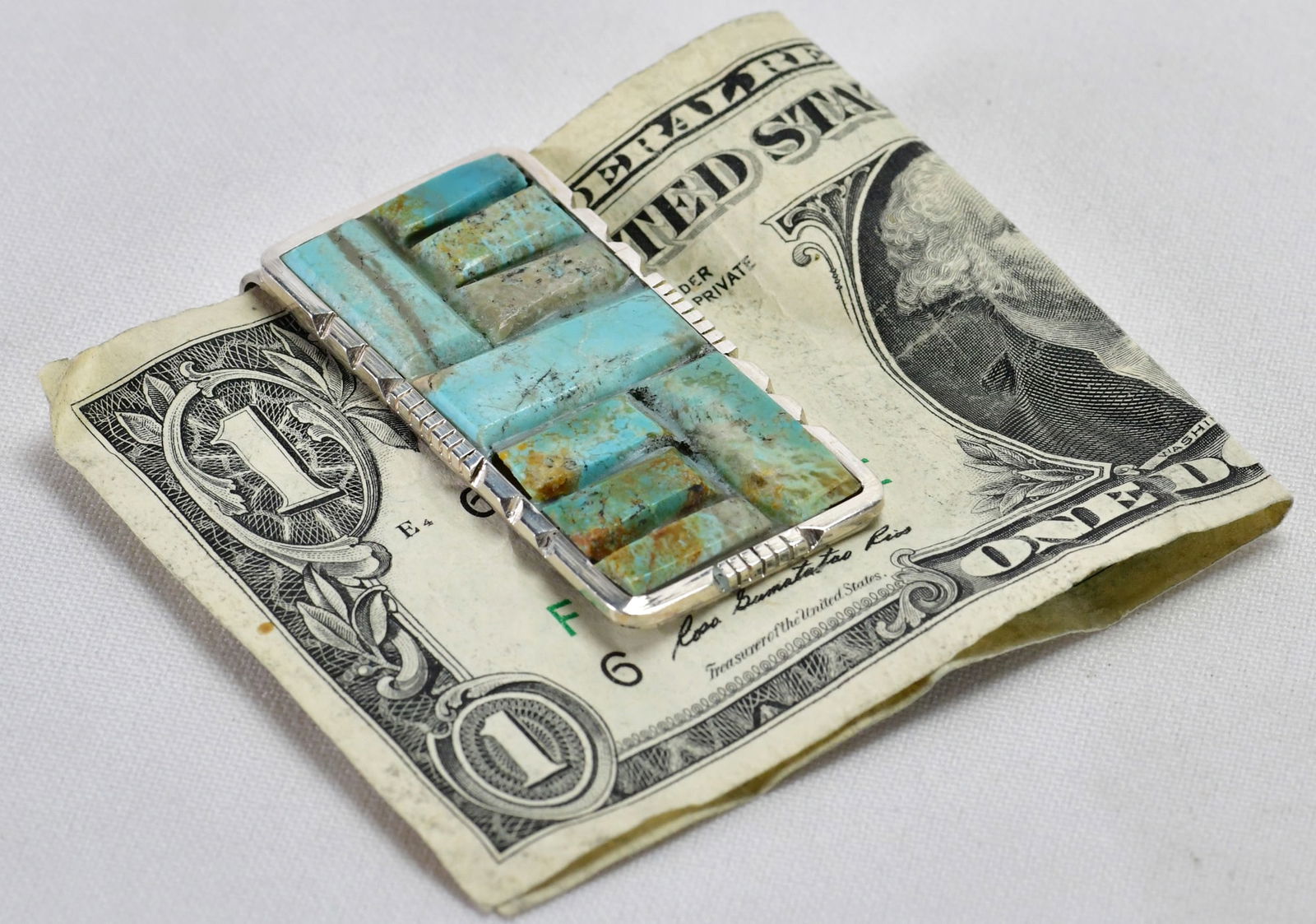 Native American Sterling Turquoise Cobblestone Inlay Money Clip (1 of 3)