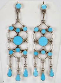 Zuni Sterling Silver Sleeping Beauty Turquoise Flush Dangle Earrings