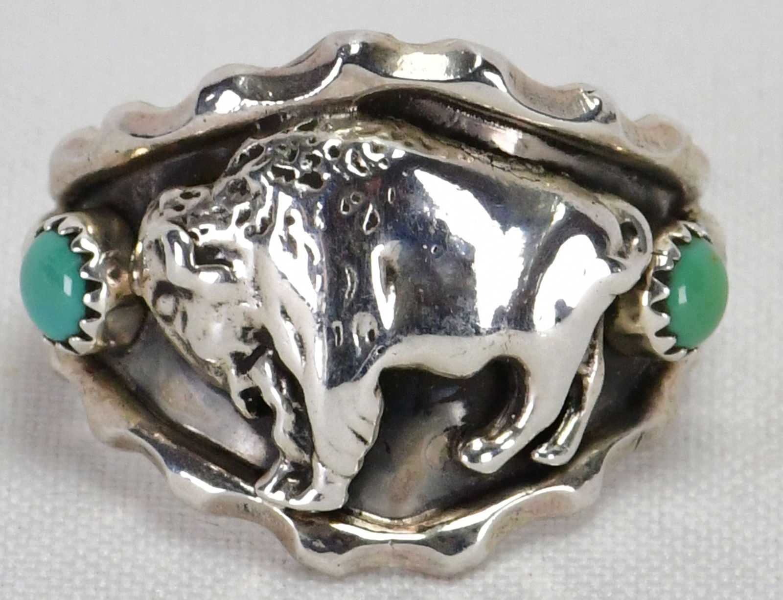 Navajo Sterling Silver Buffalo Men's Ring w/Turquoise Accents - Size 14 (1 of 5)