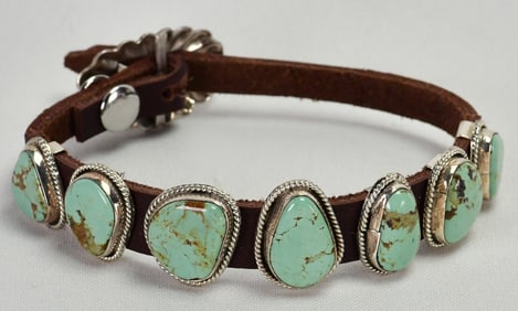 Navajo Sterling Silver Royston 7 Stone Bracelet on Leather Band