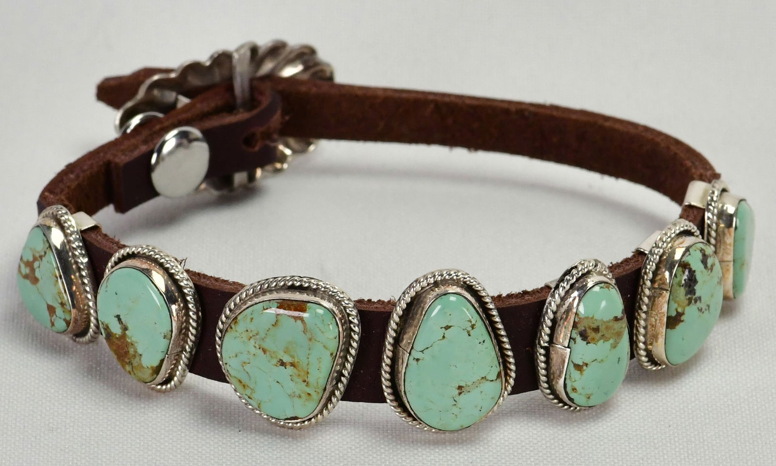 Navajo Sterling Silver Royston 7 Stone Bracelet on Leather Band (1 of 3)