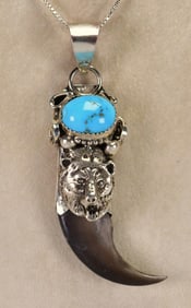 Mike Thomas, Jr. Sterling Silver Bear Claw, Bear Head and Turquoise Pendant