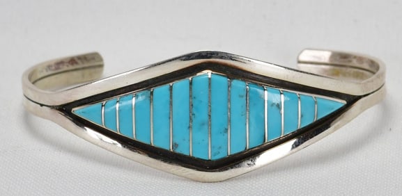 Zuni, Sterling Silver Kingman Turquoise Inlay Cuff Bracelet