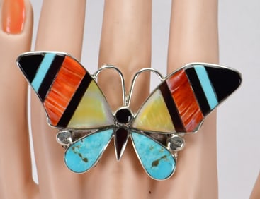 Zuni, Angus Ahiyite Sterling Silver Large Butterfly Ring - Size 7.75