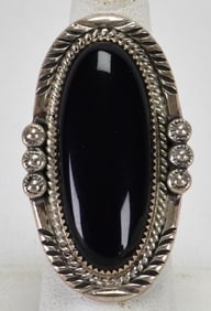 Native American Sterling Silver Black Onyx Oblong Ring - Size 7