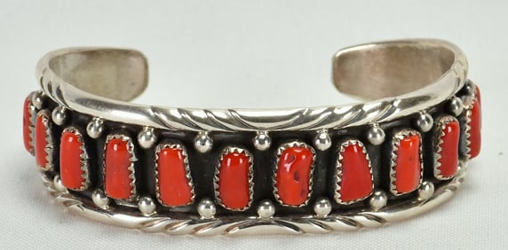 Navajo Sterling Silver Mediterranean Coral Row Cuff Bracelet