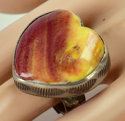 Native American Sterling Silver Spiny Oyster Heart Ring - Adjustable (1 of 4)