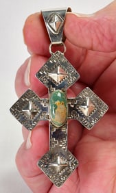 Dakota T. Willie Sterling Silver Nevada Turquoise Cross Pendant
