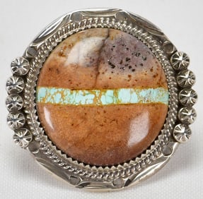 Native American Sterling Silver Boulder Turquoise Round Ring Size 7.5