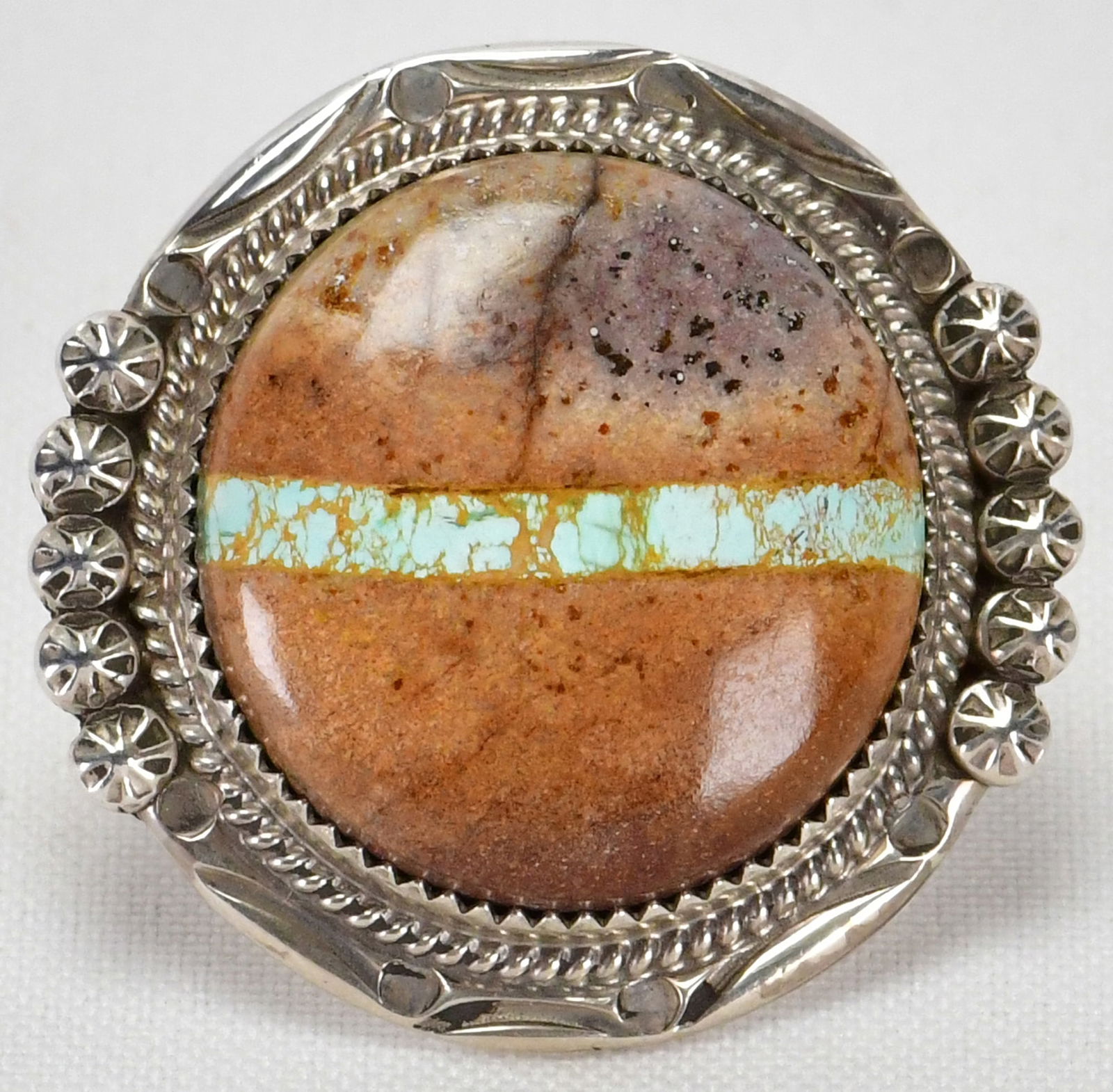 Native American Sterling Silver Boulder Turquoise Round Ring Size 7.5 (1 of 4)