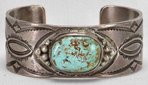 Vintage Navajo Sterling Silver Stormy Mountain Turquoise Heavy Gauge Cuff