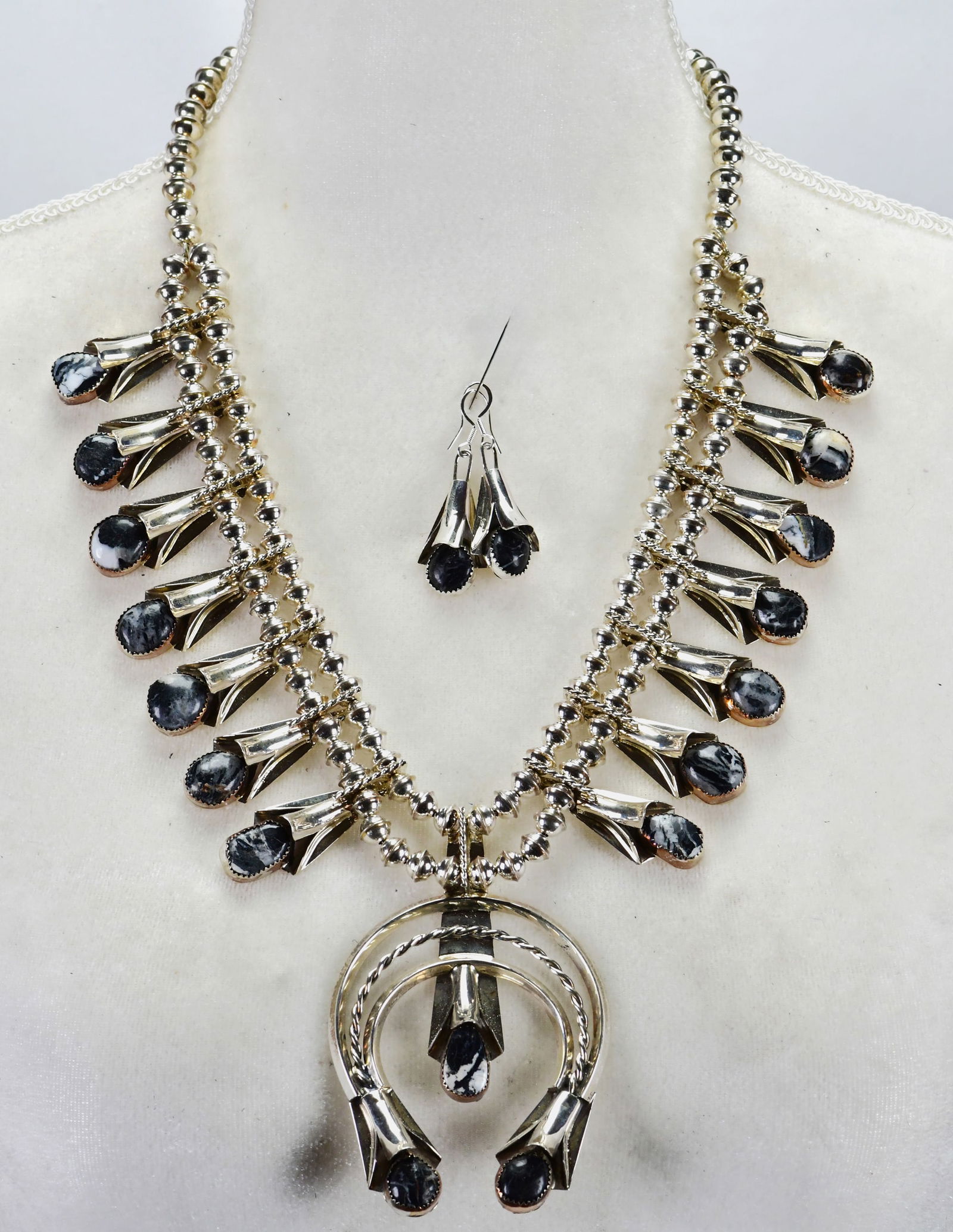 Louise Yazzie Sterling White Buffalo Turquoise Squash Blossom Necklace Set (1 of 2)