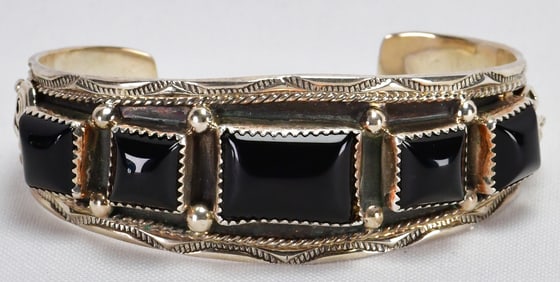 Darrell Morgan Sterling Silver Black Onyx 5 Sone Rectangle Cuff