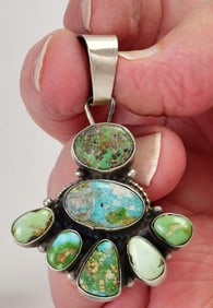 Navajo Sterling Silver Sonoran Turquoise Pendant by Travis J.