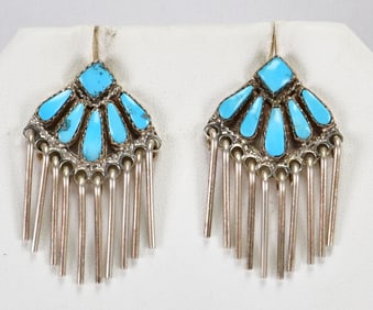 Navajo Sterling Silver Kingman Turquoise Triangle Dangle Earrings