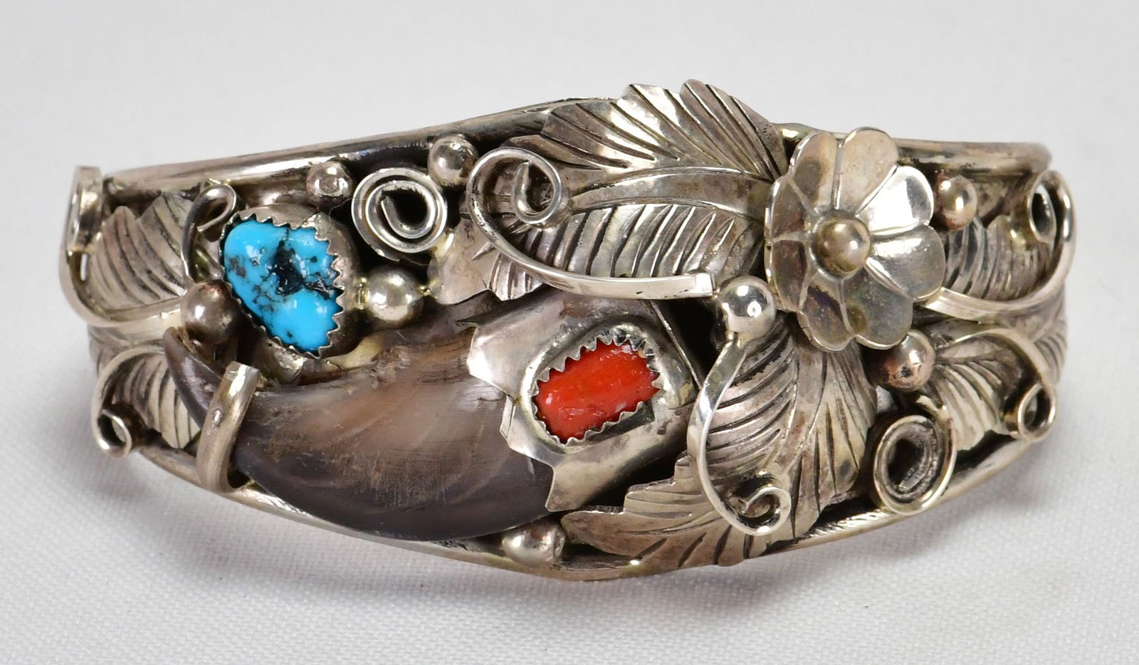 Vintage Navajo Sterling Silver Bear Claw Cuff w/Turquoise & Coral Accents (1 of 4)