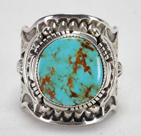 Larson Lee Sterling Silver Nevada Turquoise Ornate Men's Ring - Size 10.5
