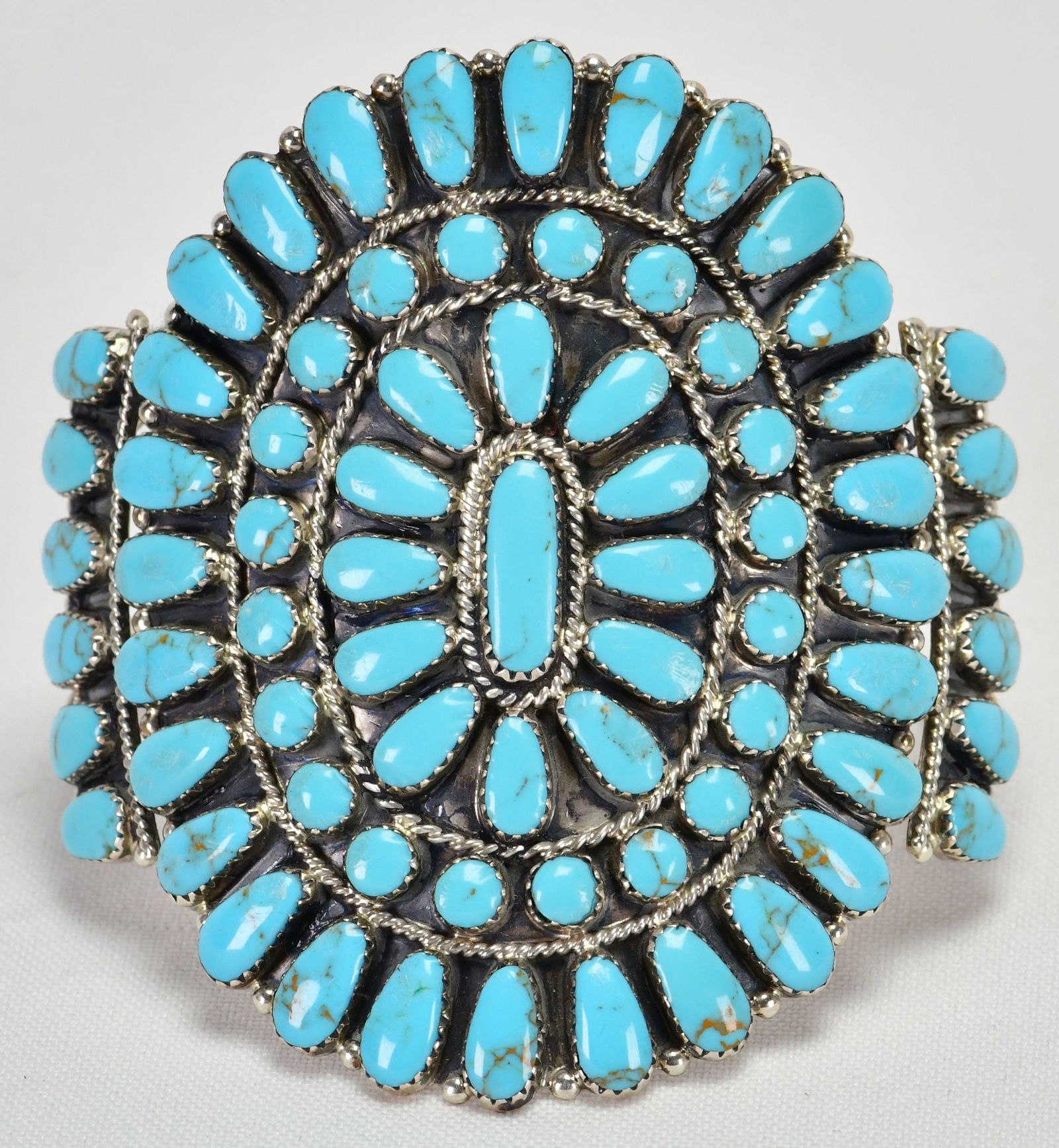 Tina Ben Large Sterling Silver Block Turquoise Cluster Cuff Bracelet: Sterling Silver| Tina Ben Large Sterling Silver Block Turquoise Cluster Cuff Bracelet| Block Turquoise| Inside measures 5.75" plus a gap of 1.75" - Total 7.25"| Face Width 3"| Hallmarked "TB"| Weighs