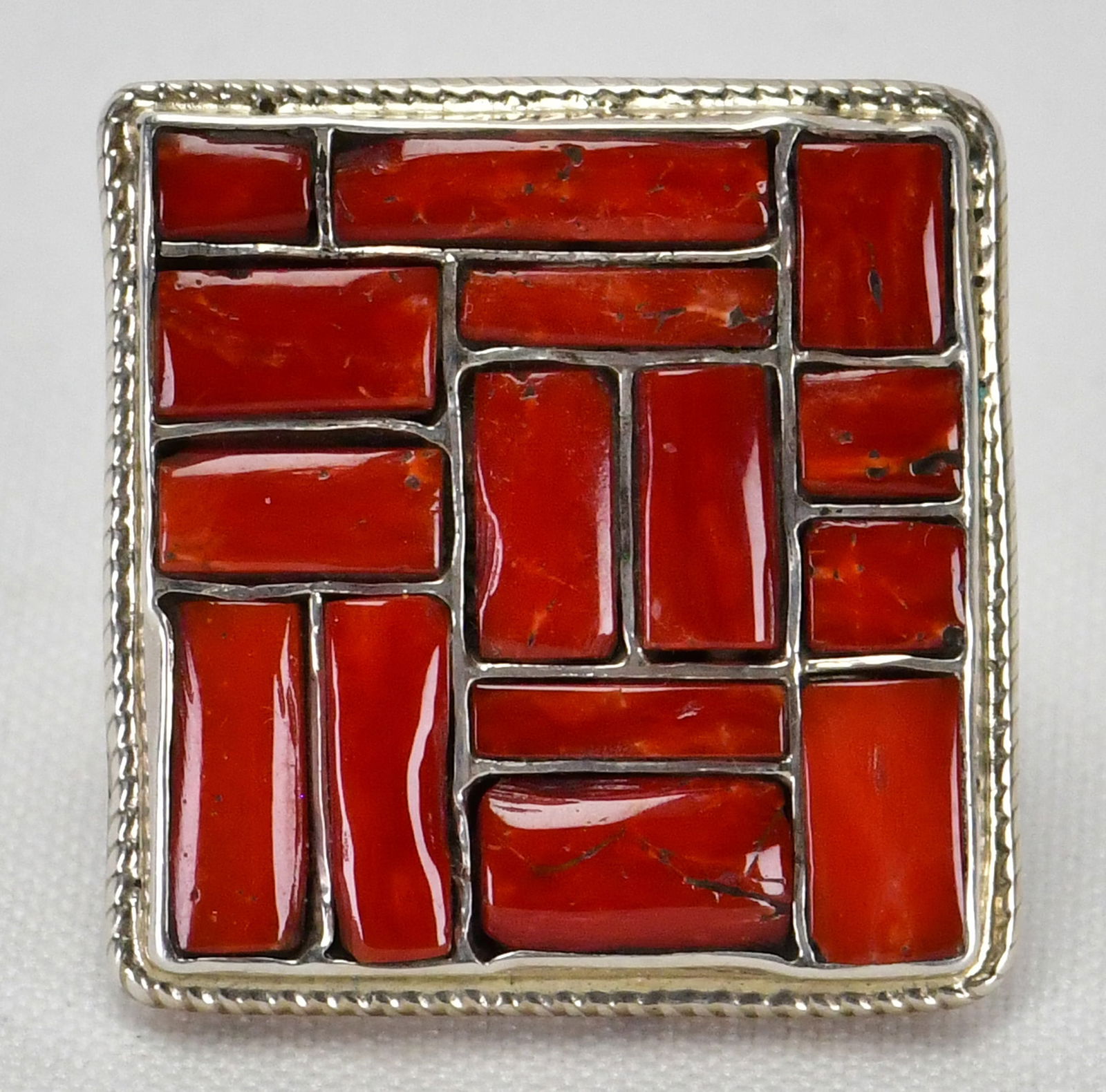 Native American Sterling Silver Square Coral Men's Ring - Size 8.5 (1 of 6)