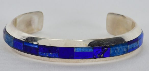Native American Lapis Lazuli Sterling Silver Inlay Cuff Bracelet