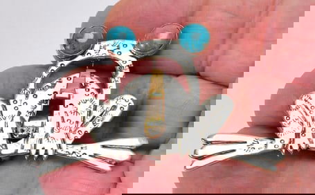 Navajo Russell Clarence Lee Frog Pin with Gold Tongue and Turquoise Eyes