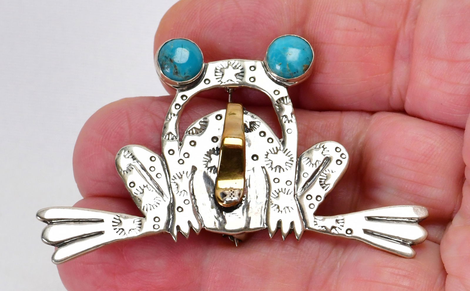 Navajo Russell Clarence Lee Frog Pin with Gold Tongue and Turquoise Eyes (1 of 4)