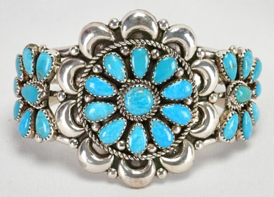 Rodney Notah Sterling Silver Kingman Turquoise Cluster Cuff Bracelet