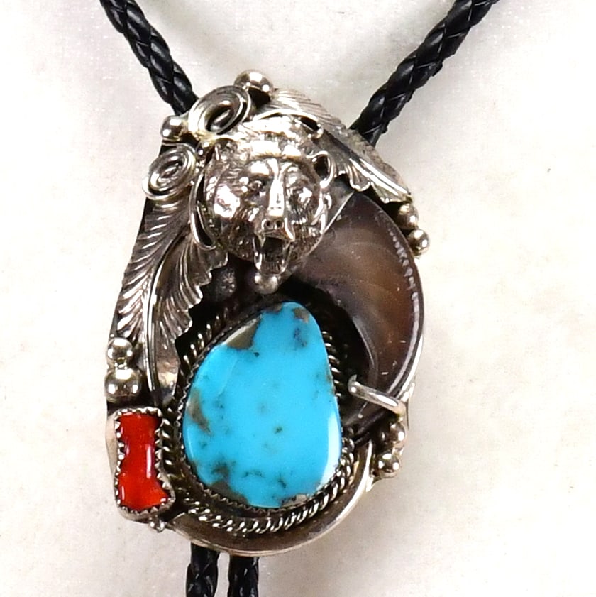 Mike Thomas, Jr. Sterling Silver Bear Head and Claw Bolo Tie w/Turquoise & Coral (1 of 5)