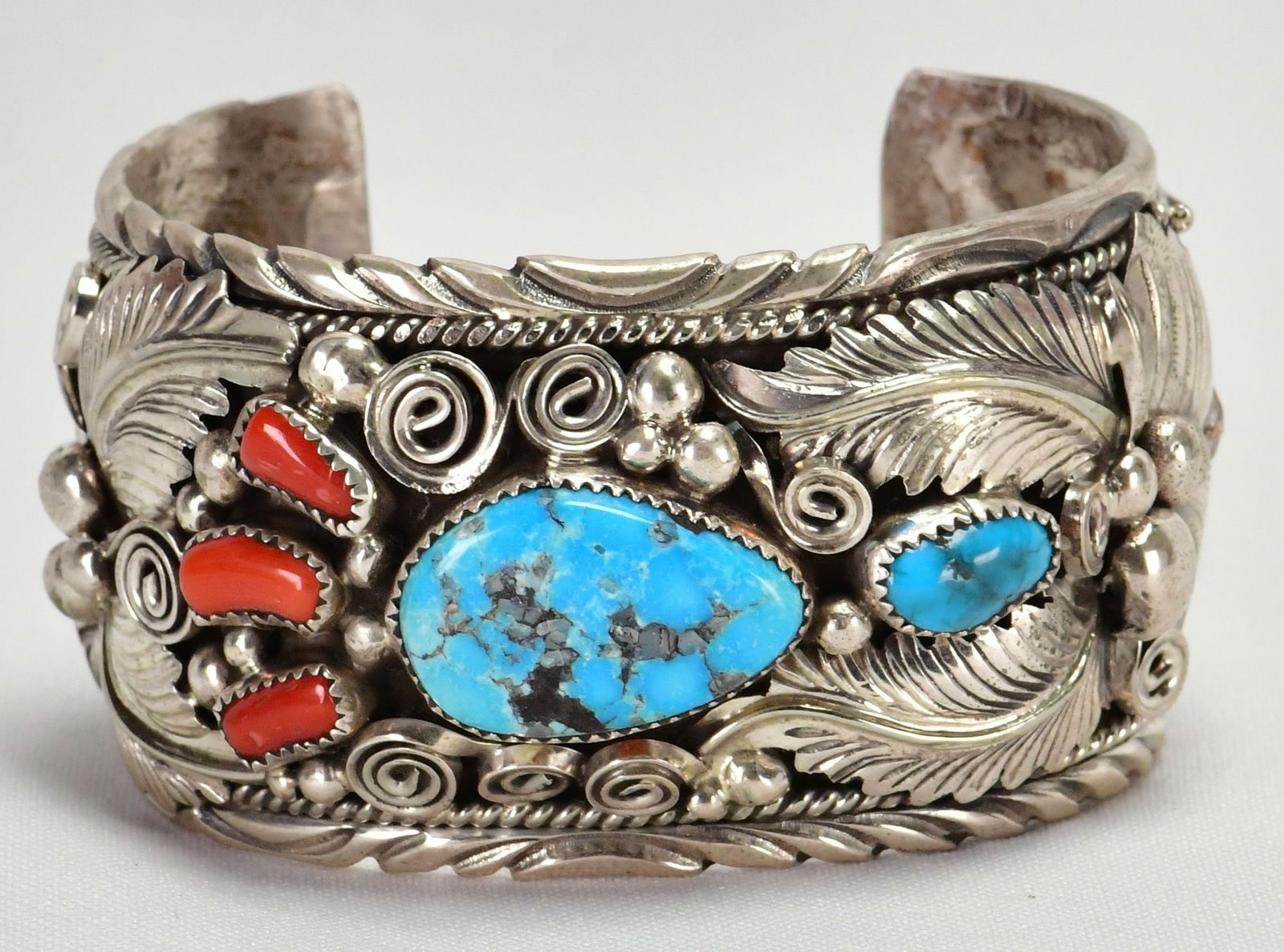 Mike Thomas, Jr. Sterling Kingman Turquoise & Coral Ornate Heavy Bracelet (1 of 4)