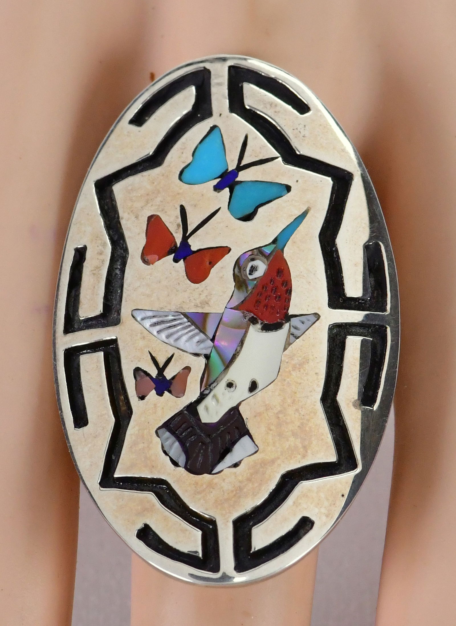 Master Zuni Silversmith Quintin Quam Sterling Multi-Stone Inlay Ring - Size 8.5 (1 of 5)