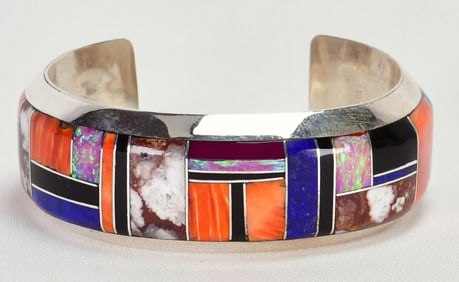 Native American Sterling Silver Multi-Stone Inlay Cuff Bracelet
