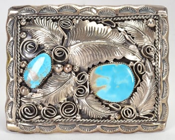 Navajo Fox Turquoise Sterling Silver Belt Buckle w/Ornate Design by Mike Thomas, Jr.