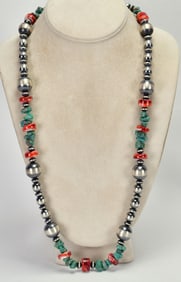 Michelle Jamison Sterling Silver Turquoise & Spiny Oyster Bench Bead Necklace