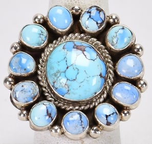 Navajo, Eula Wylie Sterling Silver Golden Hills Turquoise Cluster Ring - Size 8