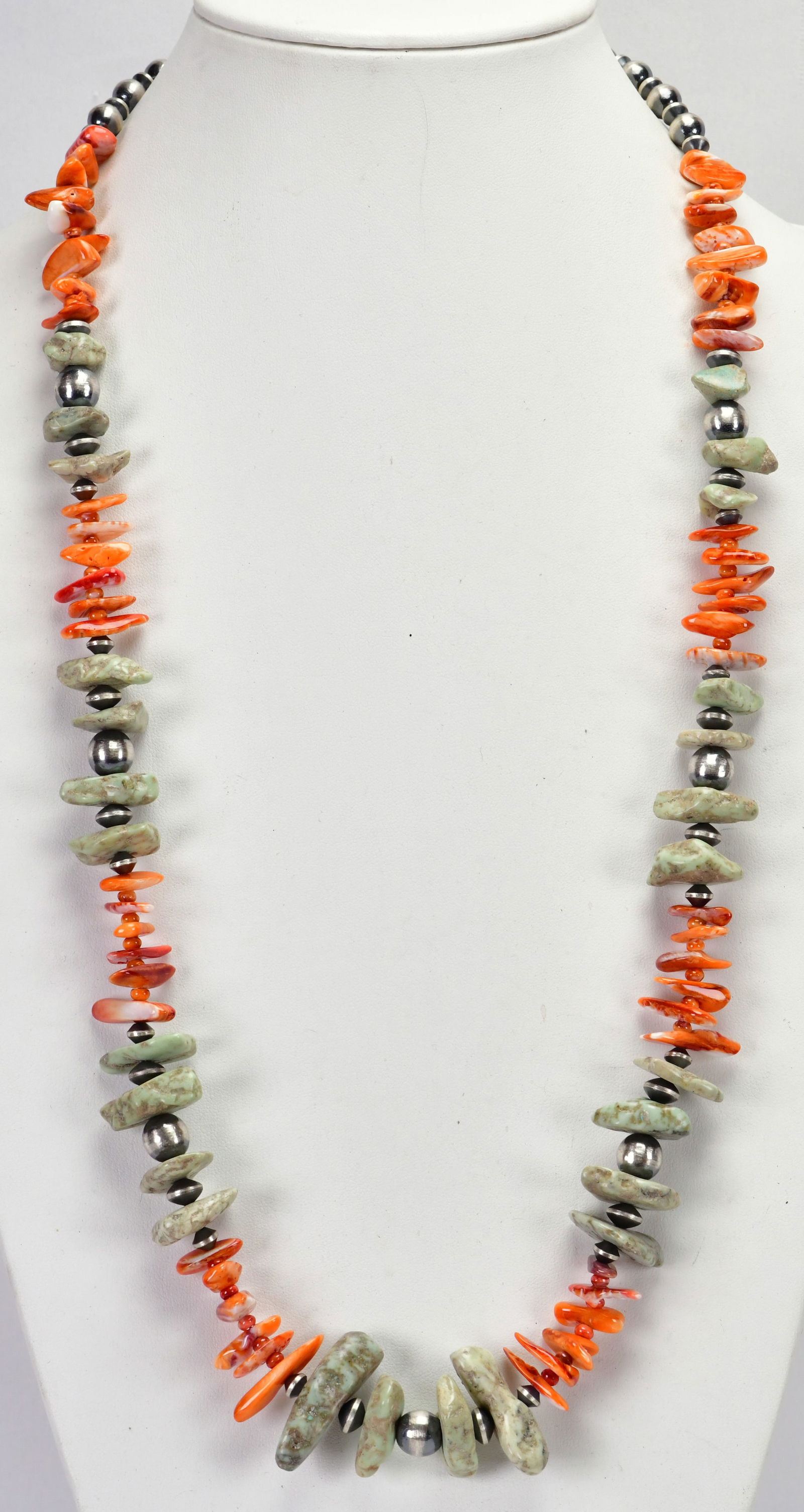 Jennifer Correa Sterling Silver Turquoise & Spiny Oyster Chunky Necklace 31": Sterling Silver| Jennifer Correa Sterling Silver Turquoise & Spiny Oyster Chunky Necklace| Genuine Turquoise, Genuine Spiny Oyster| This piece has Bench Beads at the neckline and spaced throughout the