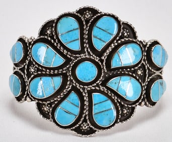 Zuni, Faye Lowsayatee Sterling Sleeping Beauty Turquoise Inlay Bracelet