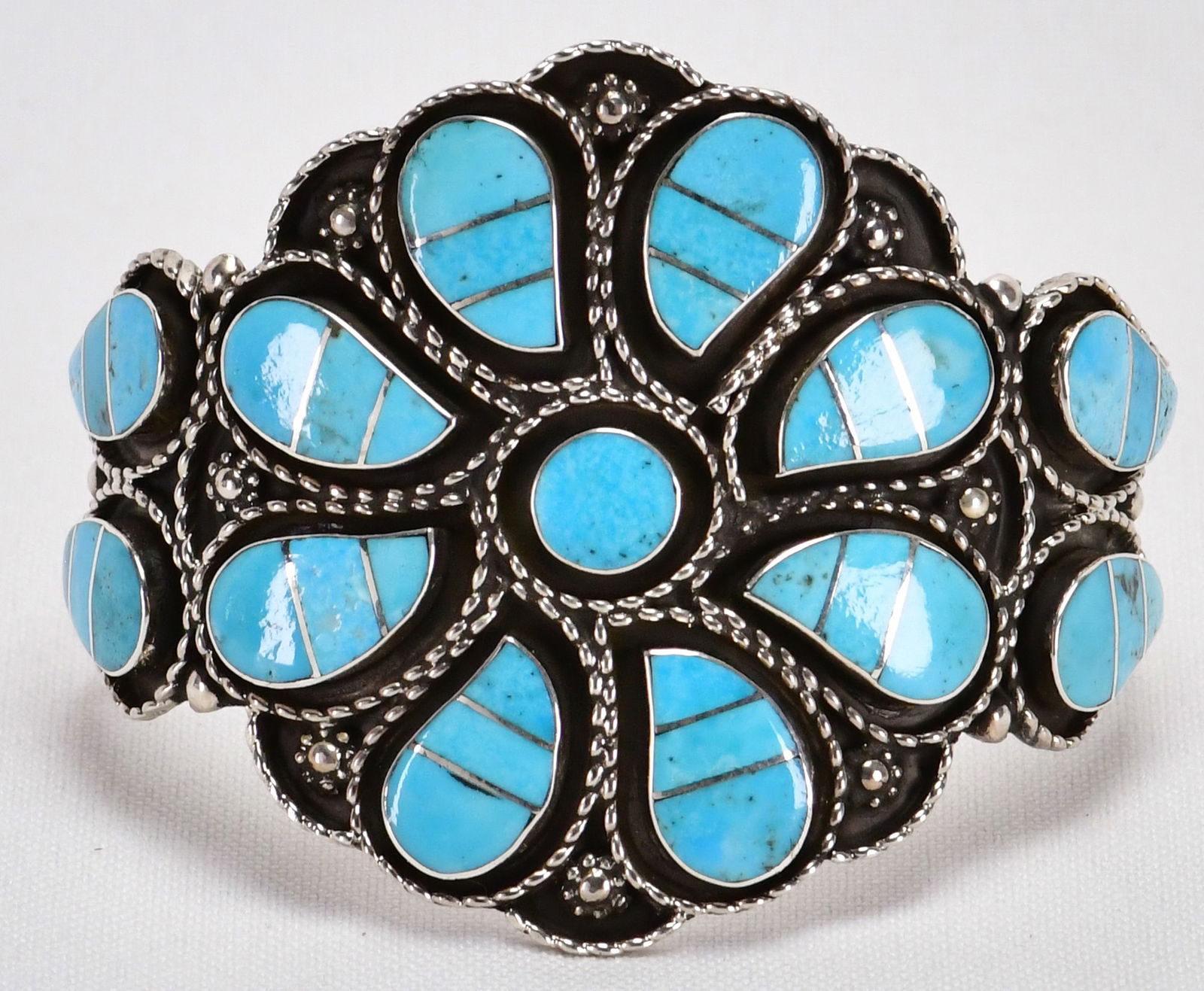 Zuni, Faye Lowsayatee Sterling Sleeping Beauty Turquoise Inlay Bracelet (1 of 5)