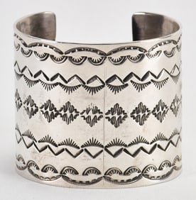Native American Sterling Silver Hand Stamped Wide Cuff Bracelet