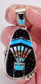 Vintage Matthew Jack Sterling Silver Yei Micro Inlay Multi-Stone Pendant