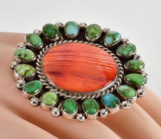 Melvin and Tiffany Jones Sterling Sonoran Gold Turquoise & Spiny Oyster Ring - Adjustable