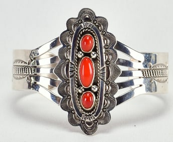 Eula Wylie Sterling Silver Mediterranean Coral Cuff Bracelet