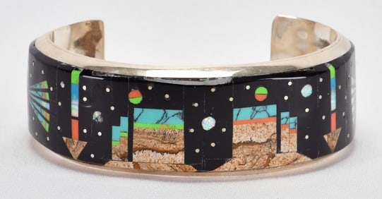 Gilbert Smith Sterling Silver Micro Inlay Multi-Stone Wide Cuff