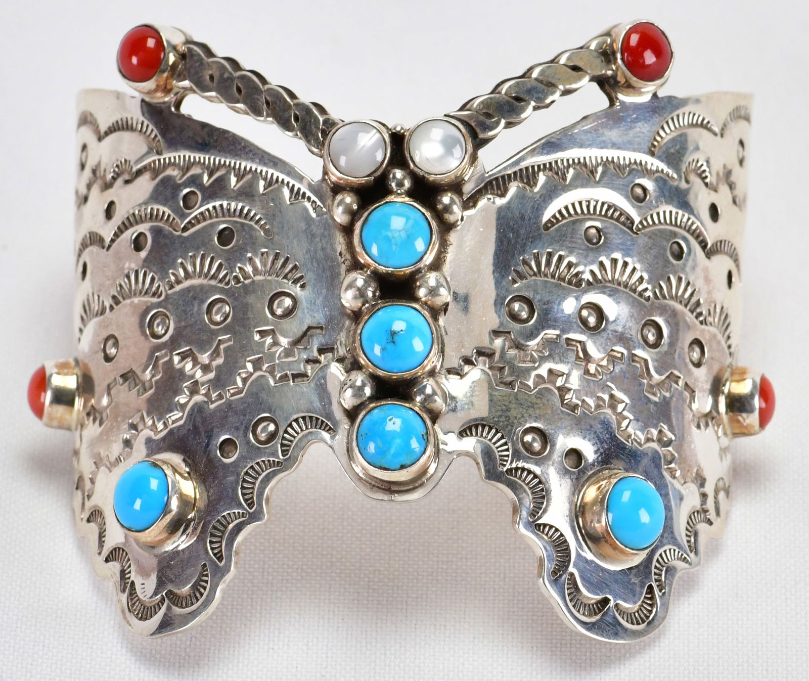 lvin and Tiffany Jones Sterling Silver Butterfly Cuff w/Turquoise, Coral and MOP (1 of 4)