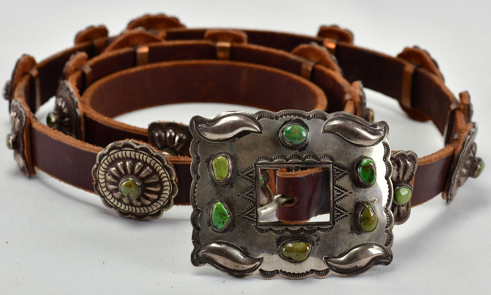 Navajo Sterling Silver Old Pawn Turquoise Concho Belt - Leather Backing (1 of 4)