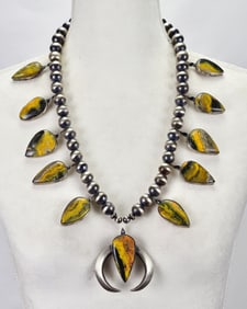 Native American Sterling Silver Heavy Bumble Jasper Squash Blossom Necklace