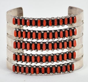 Zuni, Sterling Silver Petit-Point Coral 5 Row Cuff Bracelet