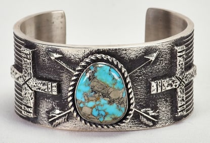 Aaron Anderson Sterling Silver Tufa Cast Bracelet with Stormy Mountain Turquoise